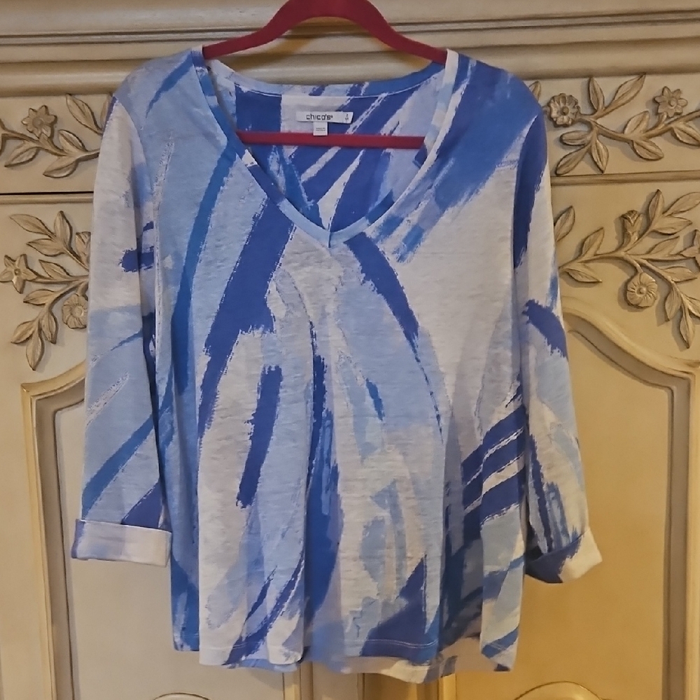 Chico's Blue and White Abstract Long Sleeve Top